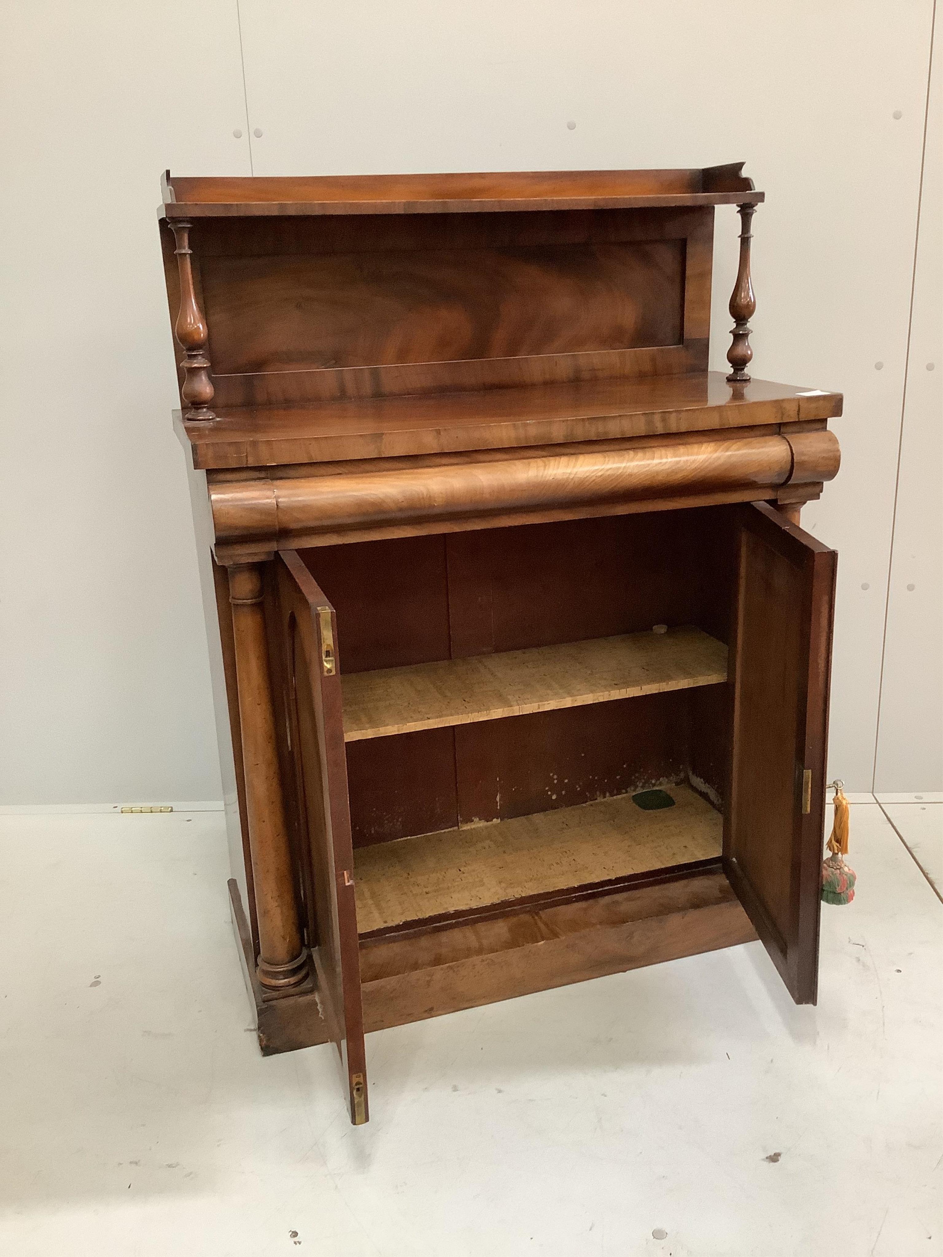 An early Victorian mahogany chiffonier, width 91cm, depth 43cm, height 124cm. Condition - fair